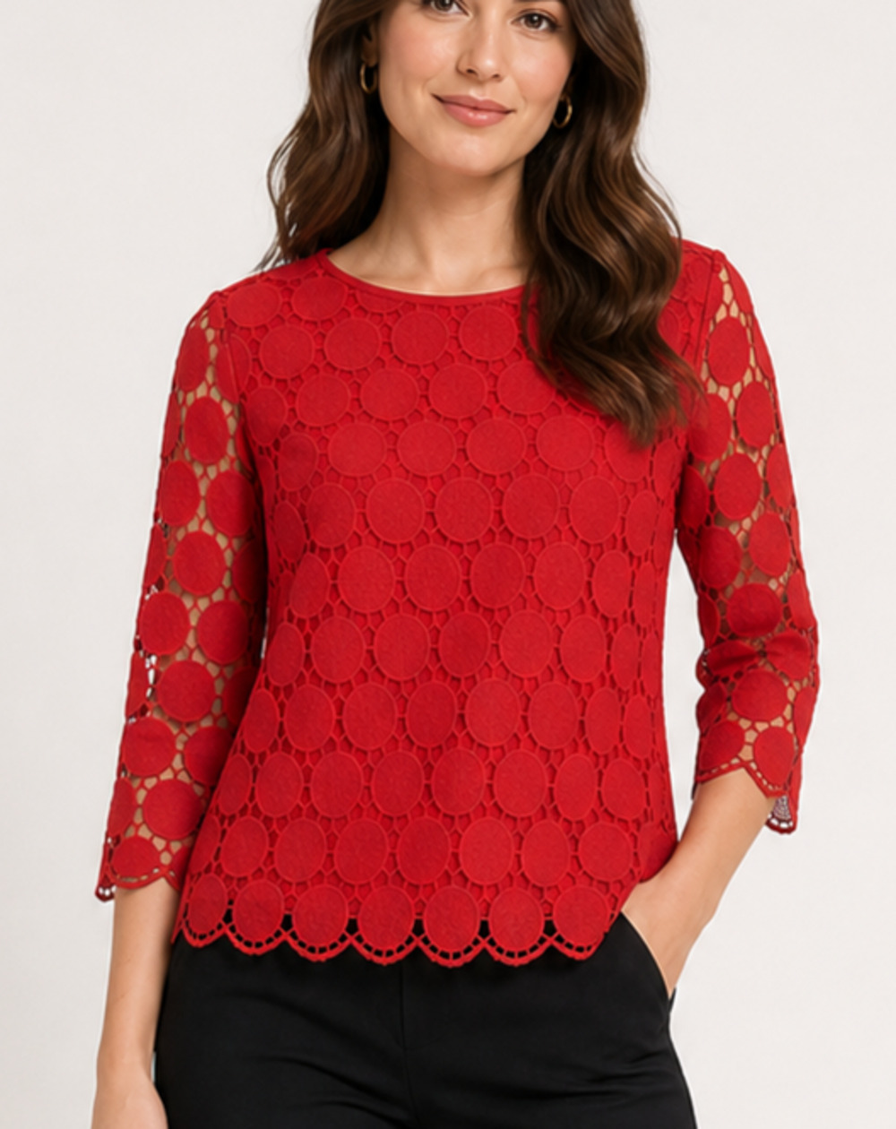 Talbots Red Lace Medallion Top Petite M Scalloped Dressy Blouse Elegant Resort